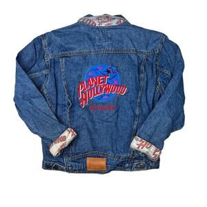 Planet Hollywood VTG 90s Embroidered Logo Denim Trucker Jacket Orlando, FL L/XL